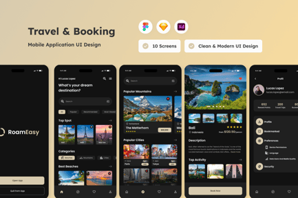قالب فیگما، XD و اسکچ : کیت رابط کاربری اپلیکیشن موبایل رزرو سفر Roomeasy (UI Kit)